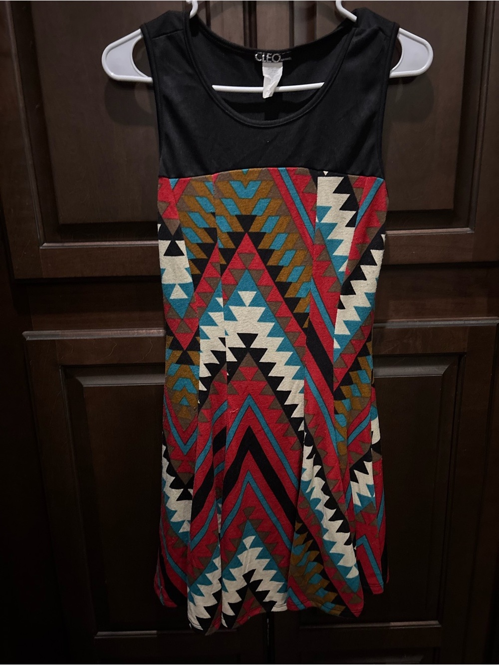 cleo Black-Top Tribal Print Dress in Red, Teal & Cream